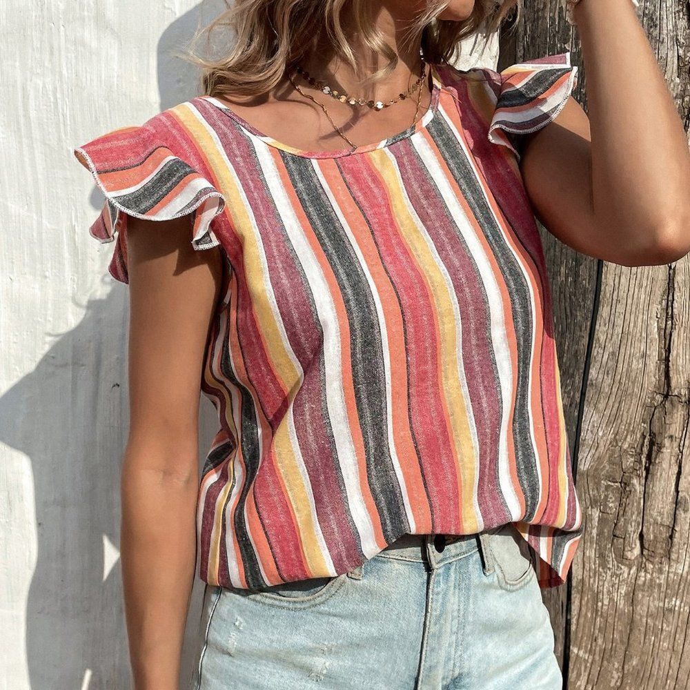 New Striped Print Ruffle Detail Button Back Blouse 226